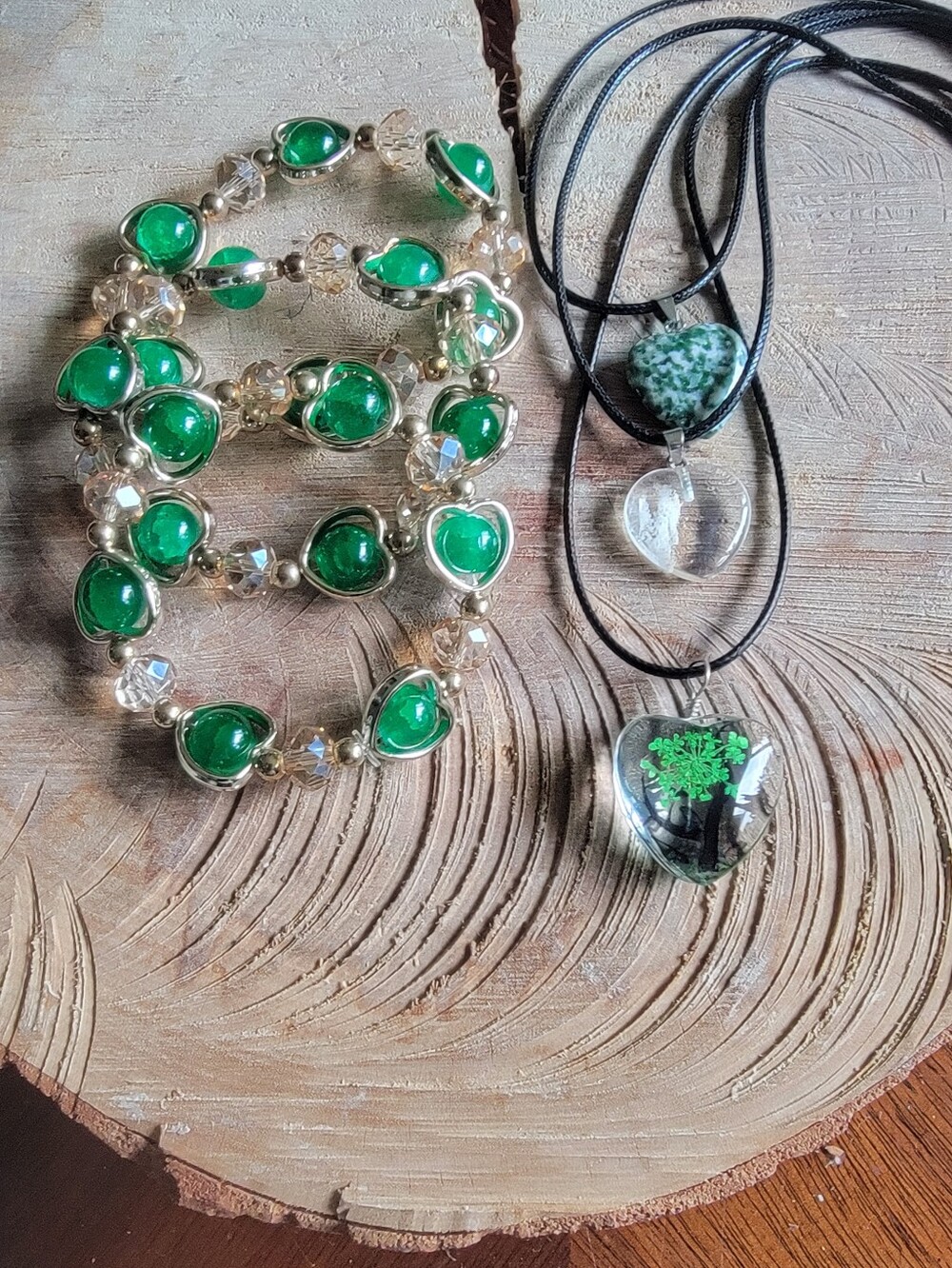 Handcrafted Set Of 6 Green Heart Pendants Necklace & Bling  Bracelet Set